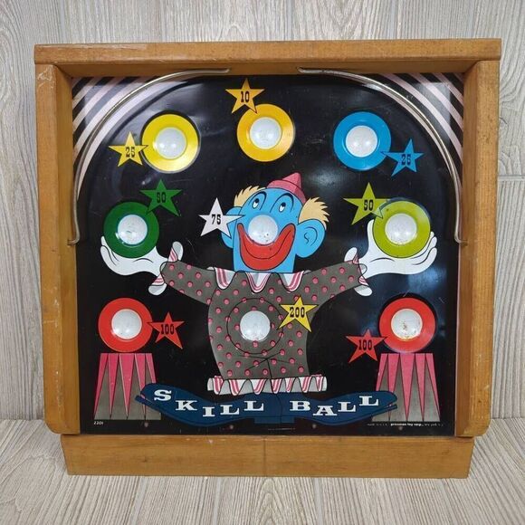 Vintage Skill Ball Clown Game by Pressman Toy Corp Tin Wooden Box Graphics - Picture 1 of 5